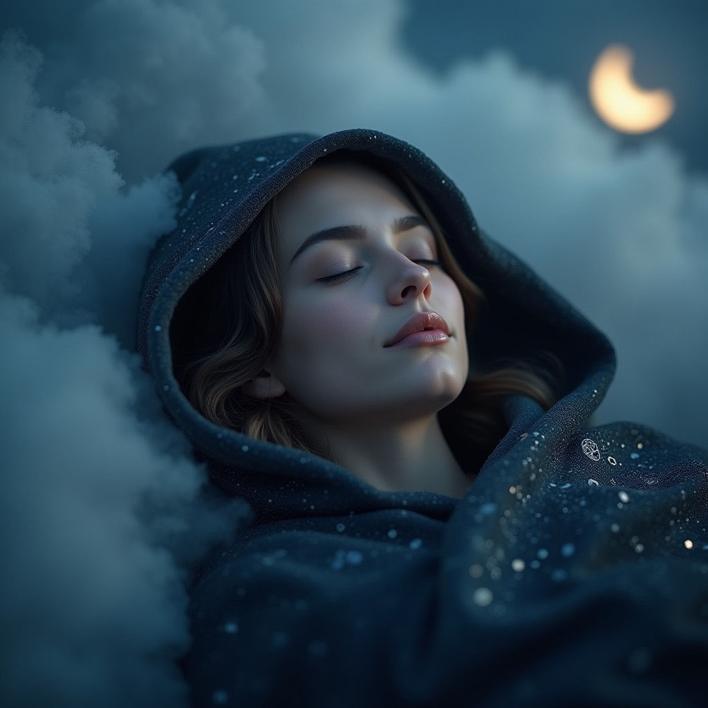 Serene Woman Peacefully Resting Under Crescent Moon