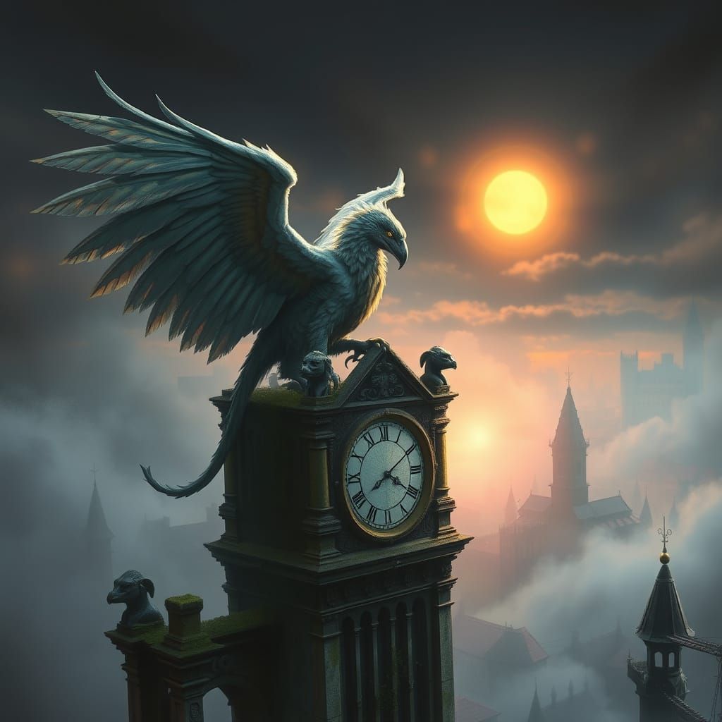 Majestic Griffin Dominates Dark Fantasy Clock Tower