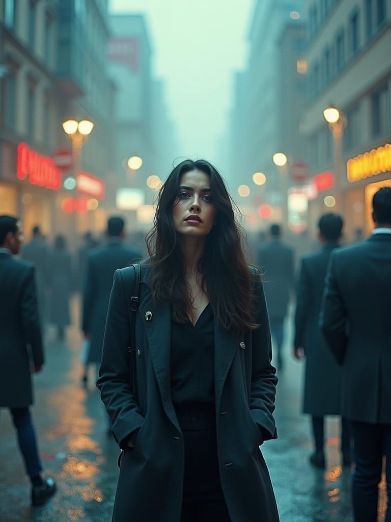 Surreal Woman in Cityscape with Shattered Reflections