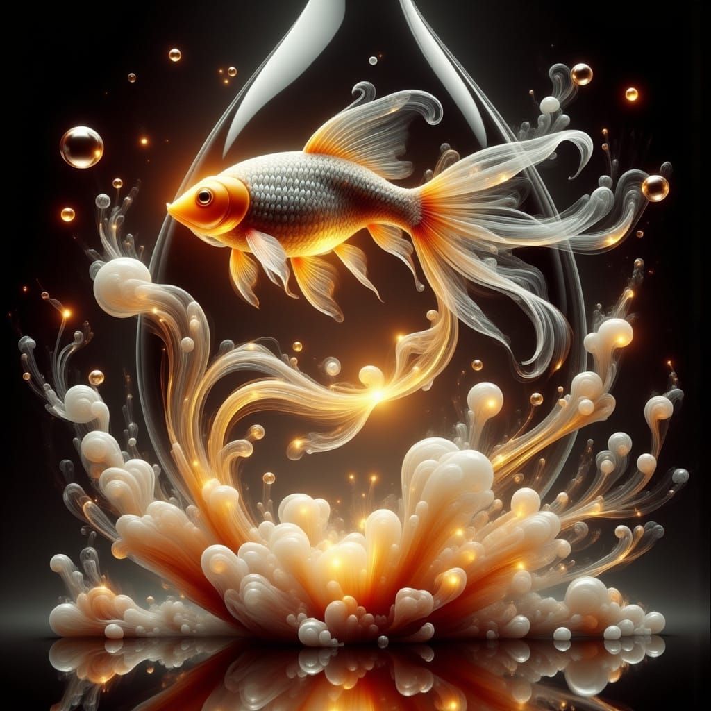 Dreamy Goldfish in Amber Droplet, Surreal Art