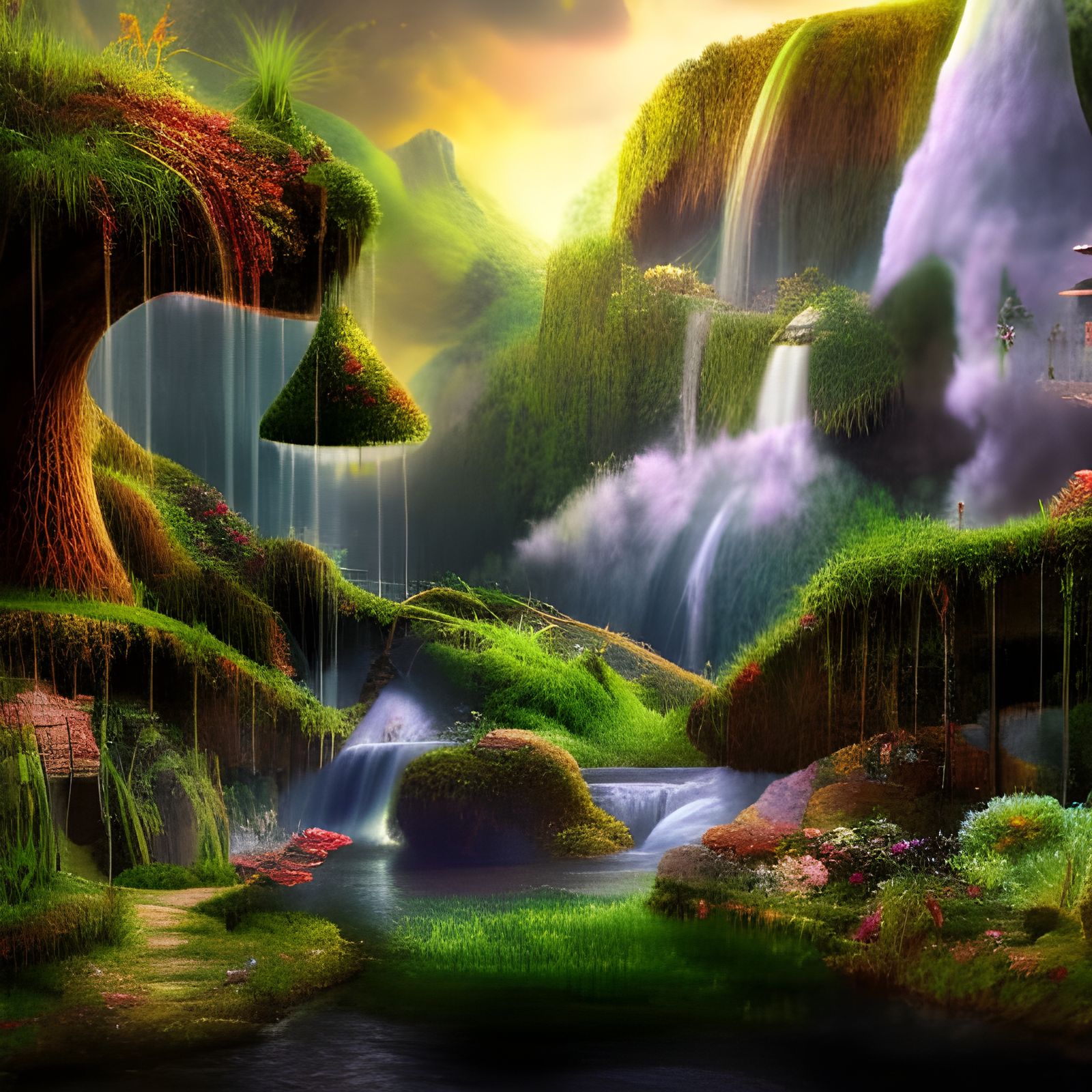 Surreal Floating Gardens with Waterfalls in Fantasy Art