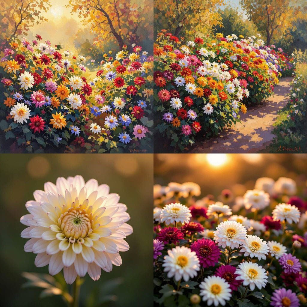 Autumn Chrysanthemums and Asters in a Garden