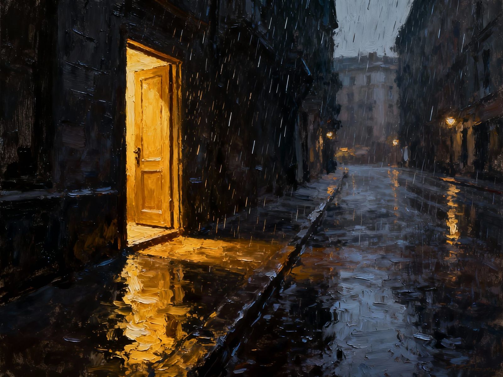Impasto Painting of Rainy City Street with Light Spilling fr...