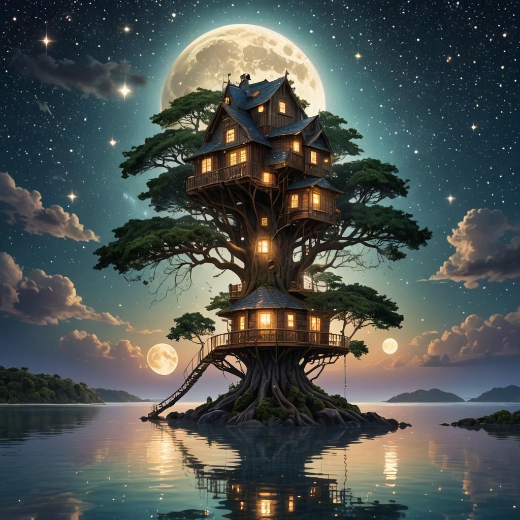 Island Treehouse Under a Starry Moonlit Sky