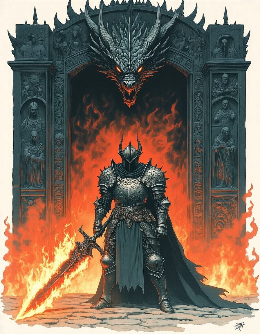 Dragon Knight Guarding Obsidian Gate in Dark Surrealism Styl...