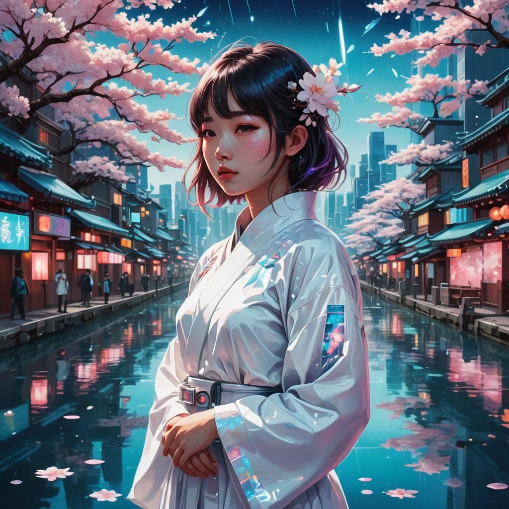 Futuristic Japanese Girl in Cosmic Cityscape
