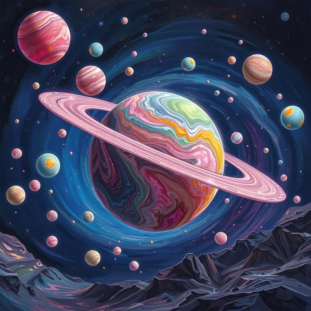 Iridescent Chewing Gum Planet with Glittering Rings