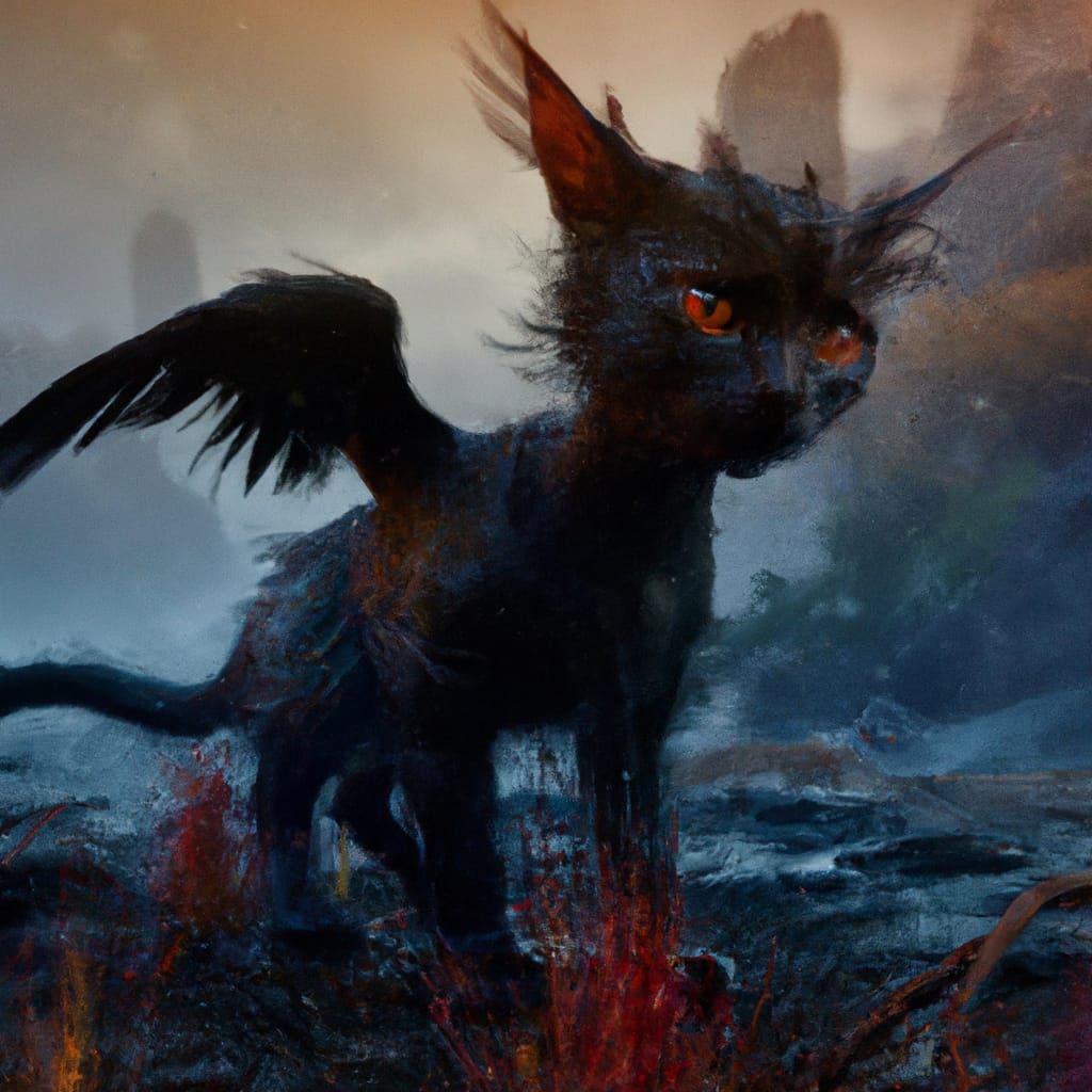 Winged Black Cat with Red Eyes in Smoke