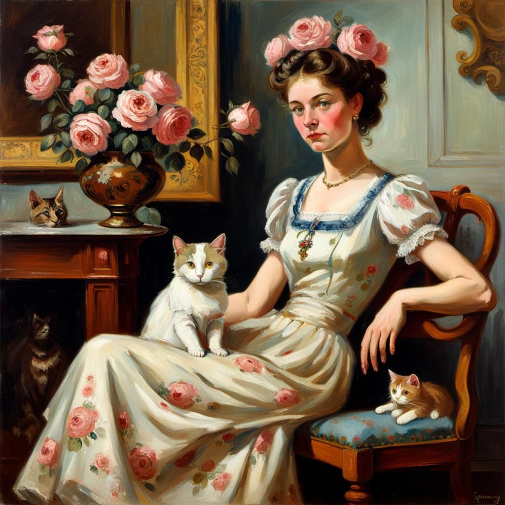 Elegant Woman with Cats in Gurney Style