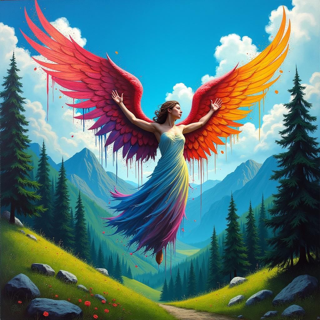 Polychromatic Angel in Lush Mountain Valley as Street Art