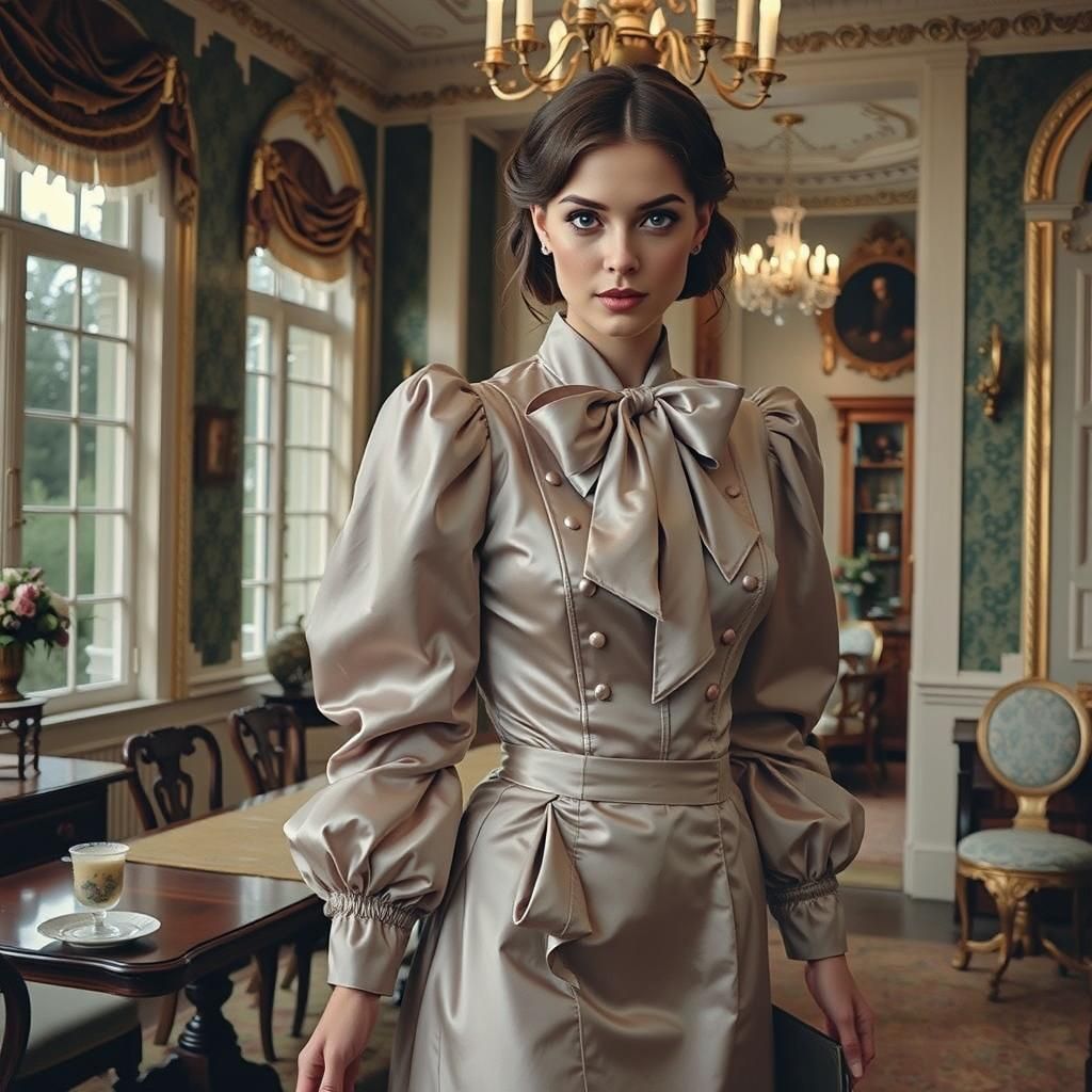 Elegant Woman in Satin and Bows in Mansion