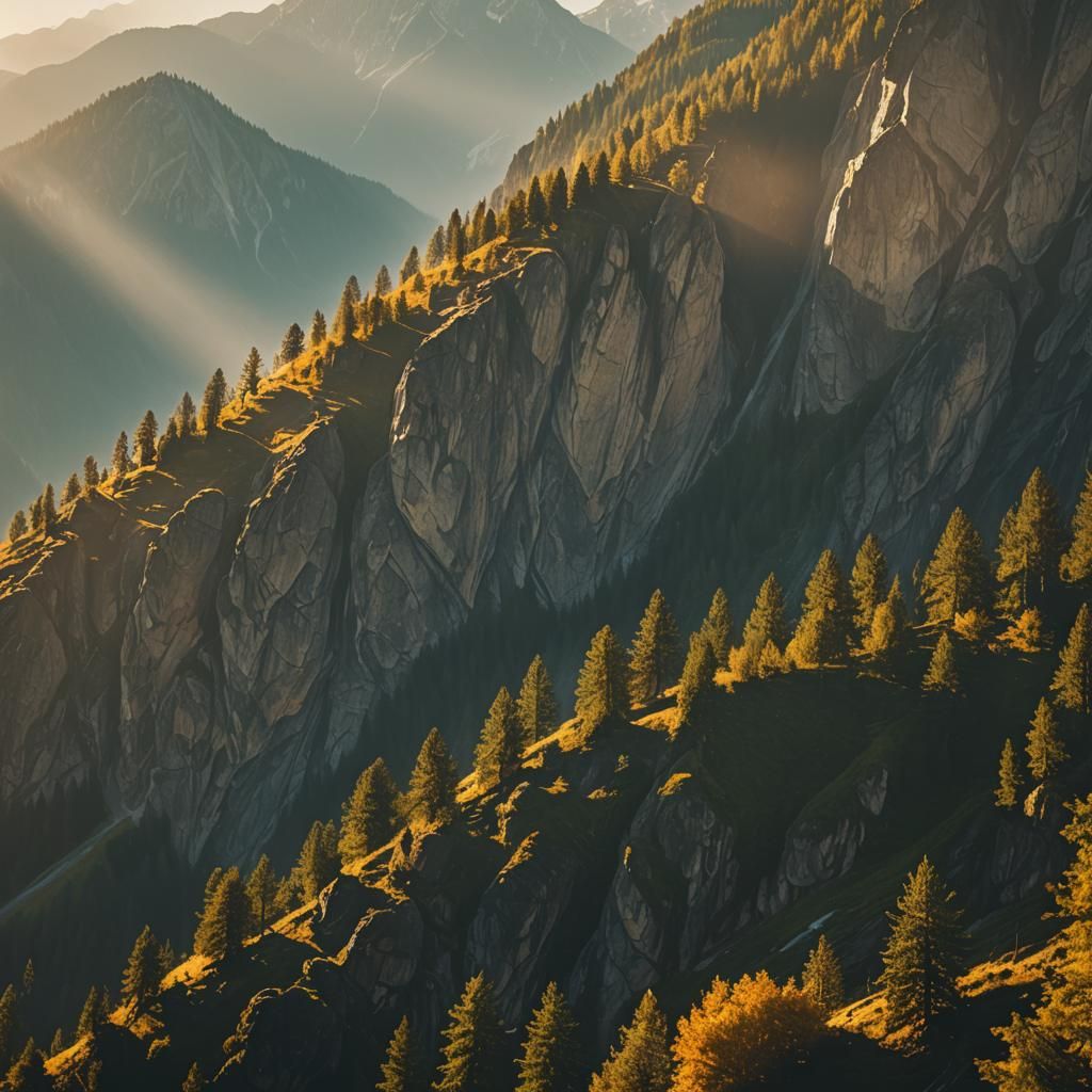 Majestic Mountains and Towering Trees in Golden Light