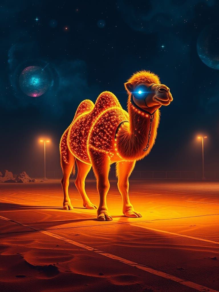 Neon Camel in Dreamlike Fantasy Landscape