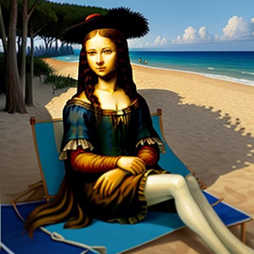 Mona Lisa sunbathing at the beach in France The little hat is for her little man