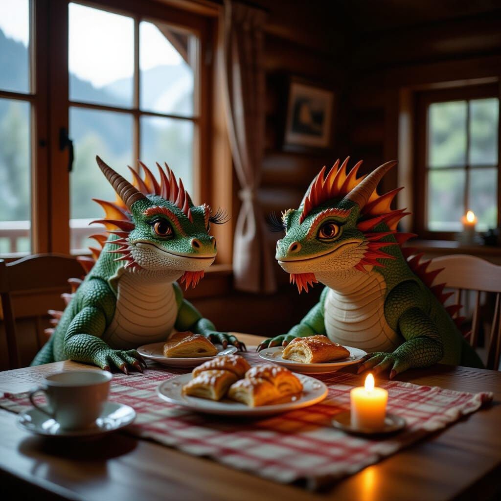 Dragonets Enjoy Apple Strudel in Cozy Mountain Cabin