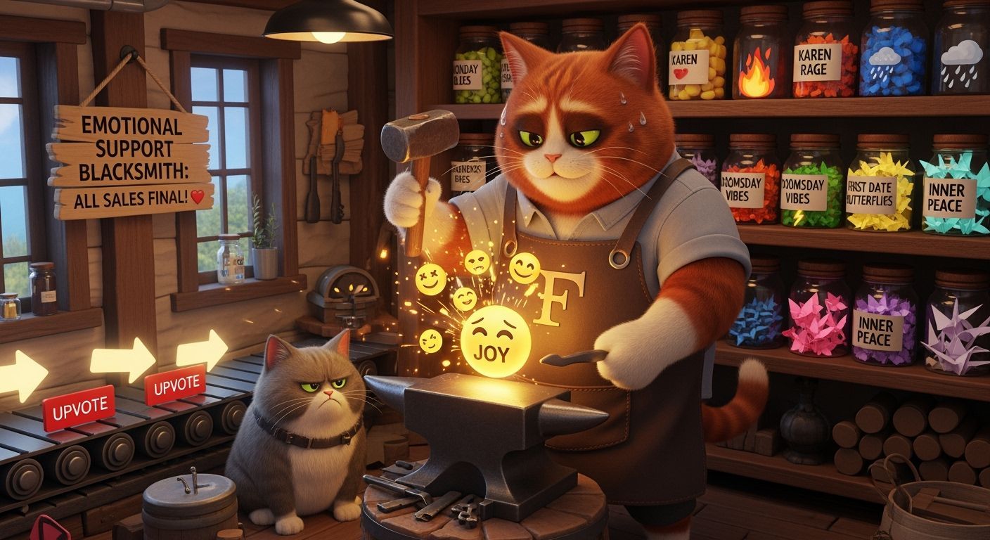 Emotional Support Blacksmith Forging Joy, Pixar Style