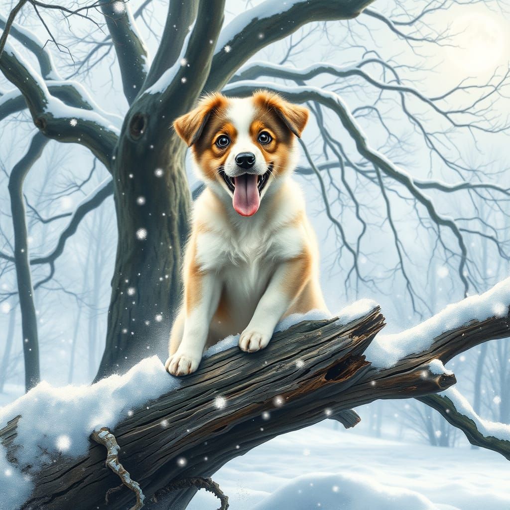 Puppy Catches Snowflakes in Pre-Raphaelite Forest