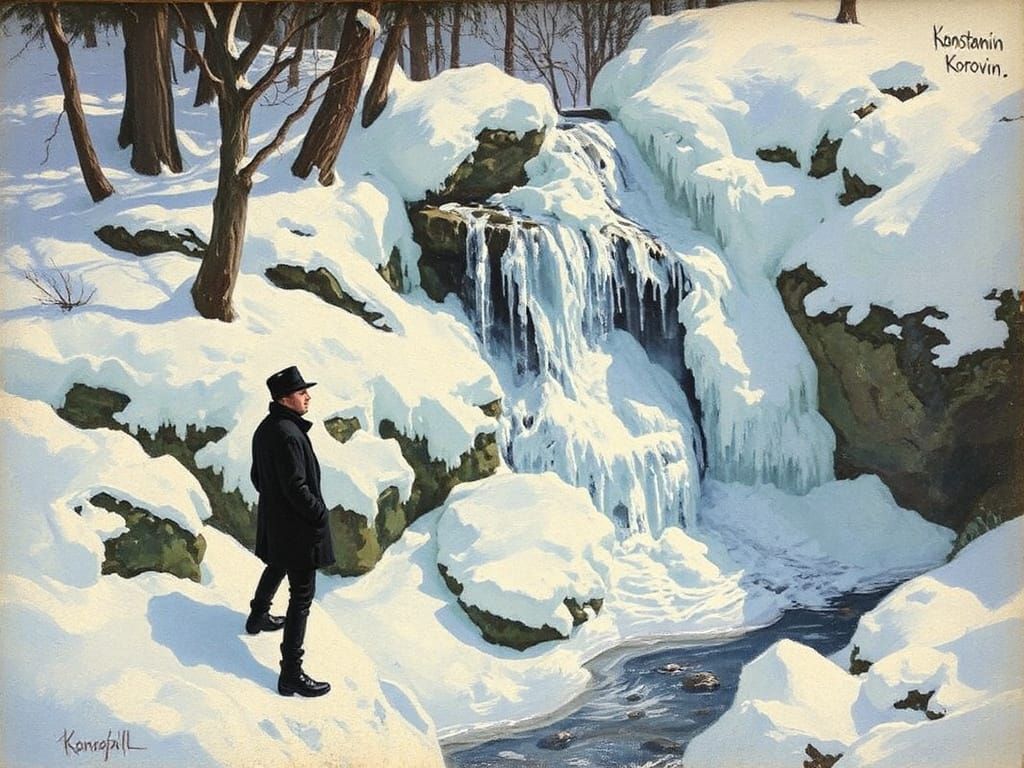 Frozen Waterfall Painting in Russian Impressionist Style