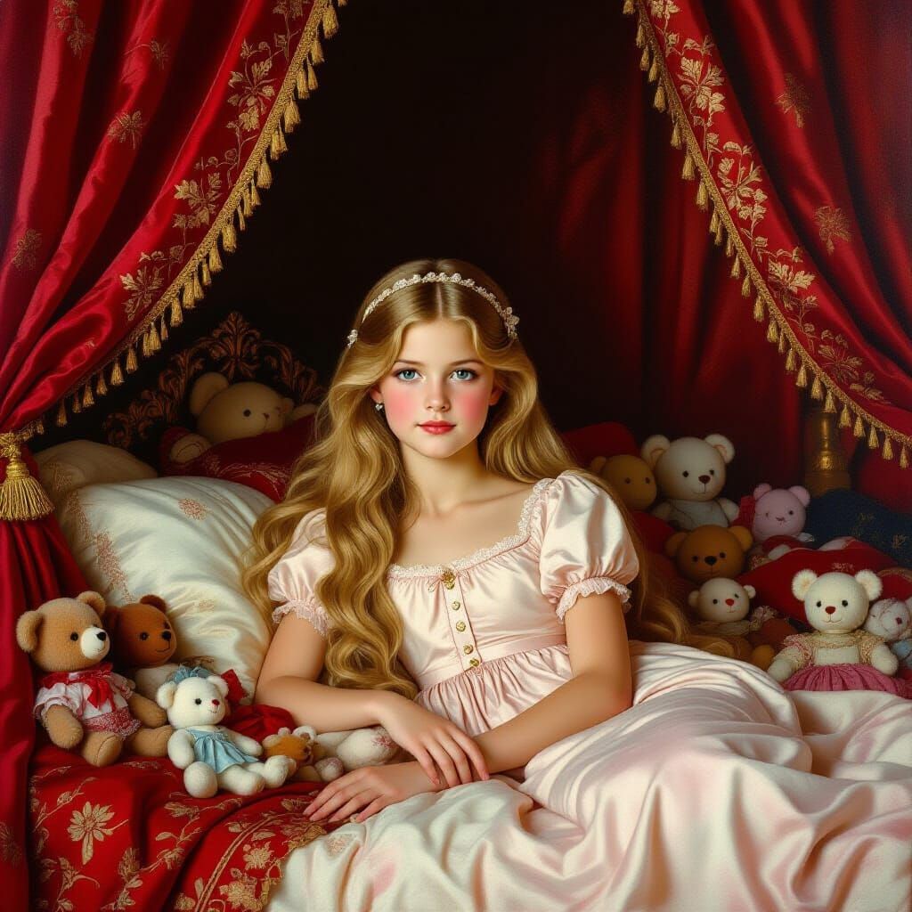 Princess in Opulent Bed with Stuffed Animals