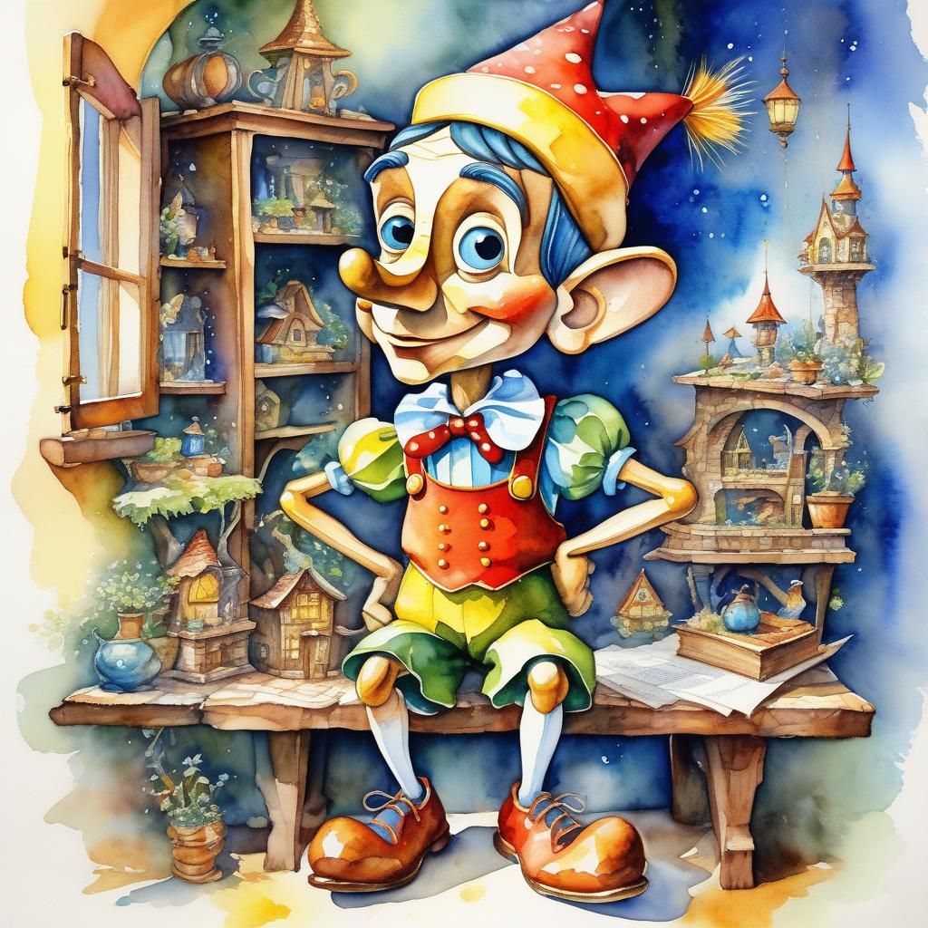 Magical Realism Portrait of Pinocchio in Watercolour