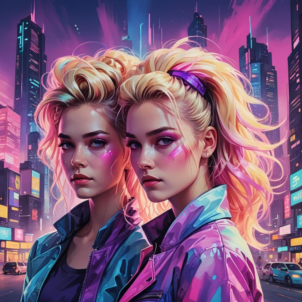 Neon Cityscape Portrait in 80s Style