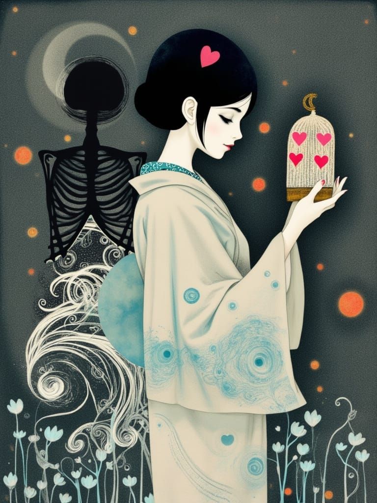 Ethereal Woman Holding Firefly Cage in Twilight