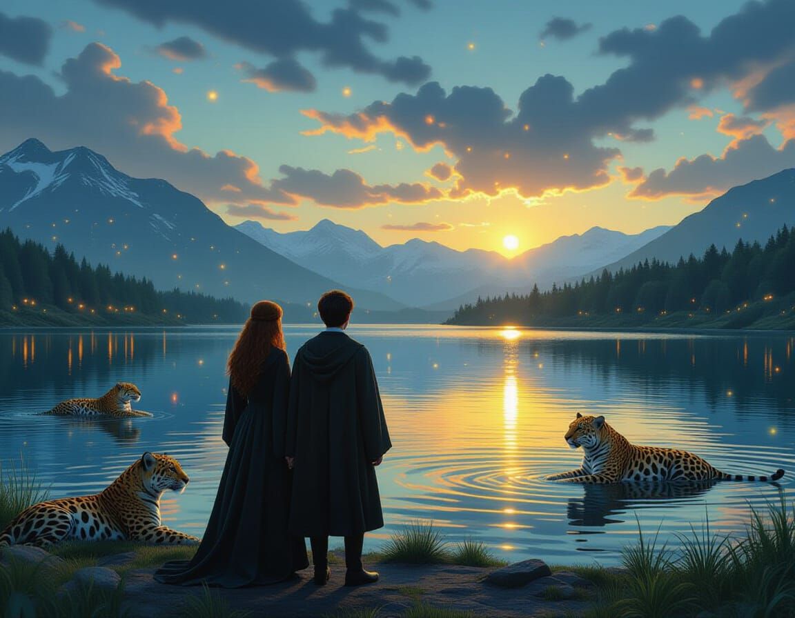 Ginny and Harry with Jaguars by a Lake in Hyperrealism