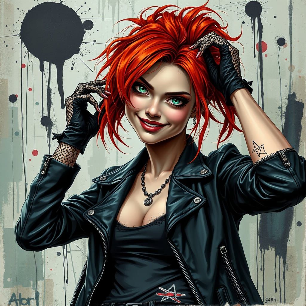 Vibrant Punk Goddess Smirks Amidst Urban Chaos