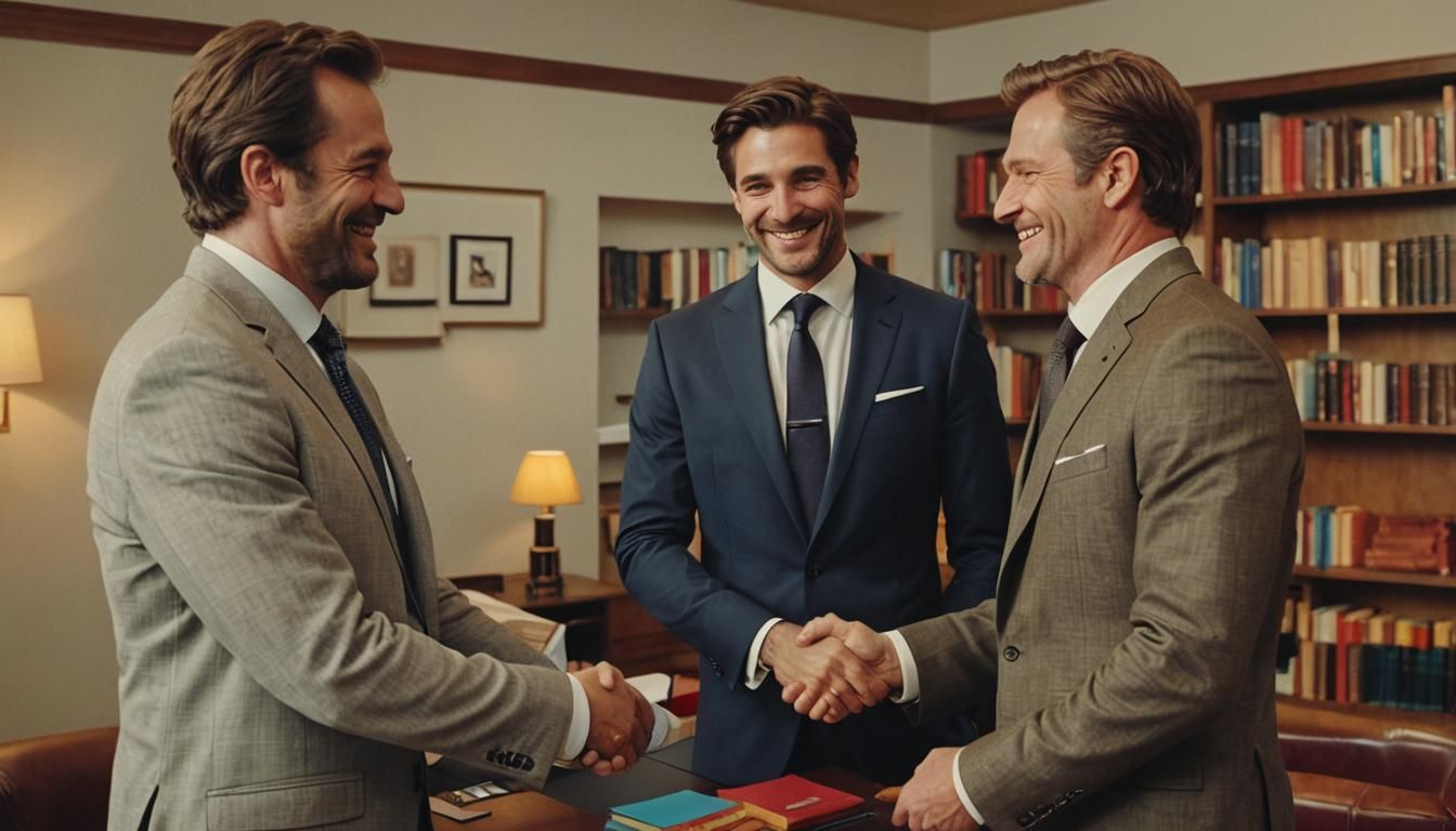 Inspirational Handshake in Luxurious Office: Oil Painting