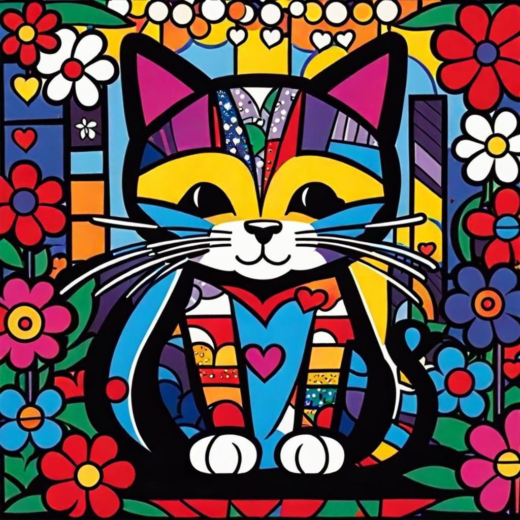 Pop Art Cat with Flowers and Heart Lights