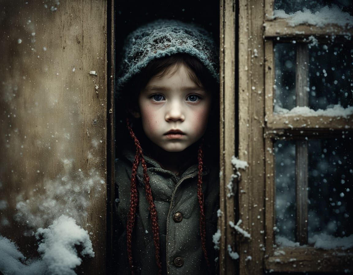 Children in Winter Storm at Doorway, Intricately Detailed