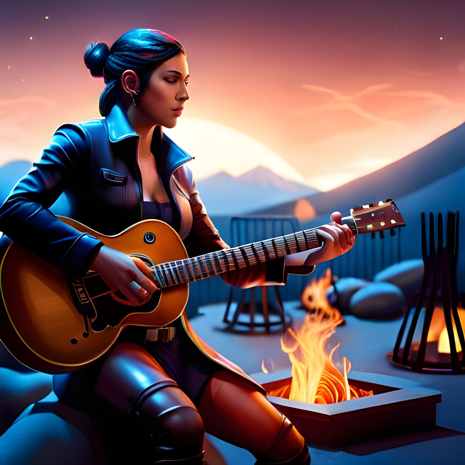 Hyperrealistic Bard-Pilot Plays Guitar at Night Campfire
