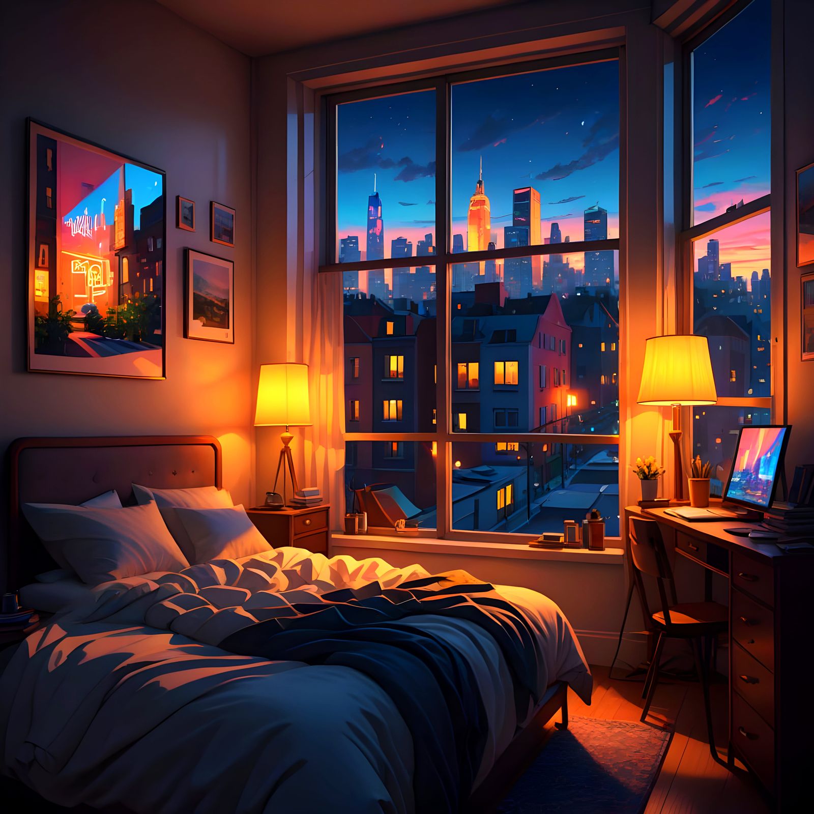 Cozy Bedroom Overlooking Vibrant Night City