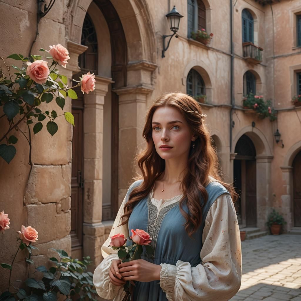 Woman in Courtyard with Rose: Matte Painting