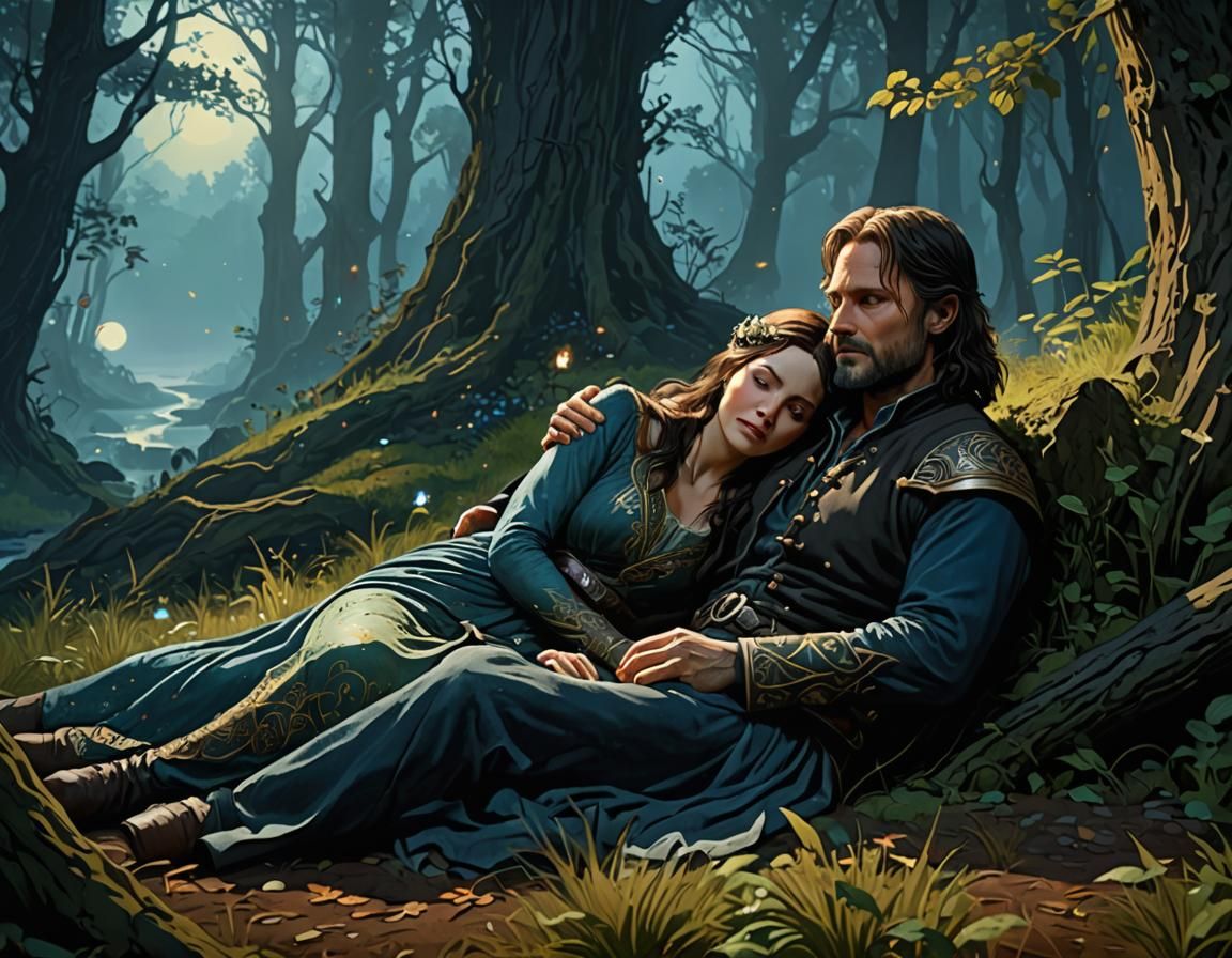 Aragorn and Arwen in Moonlit Forest, Mucha Style