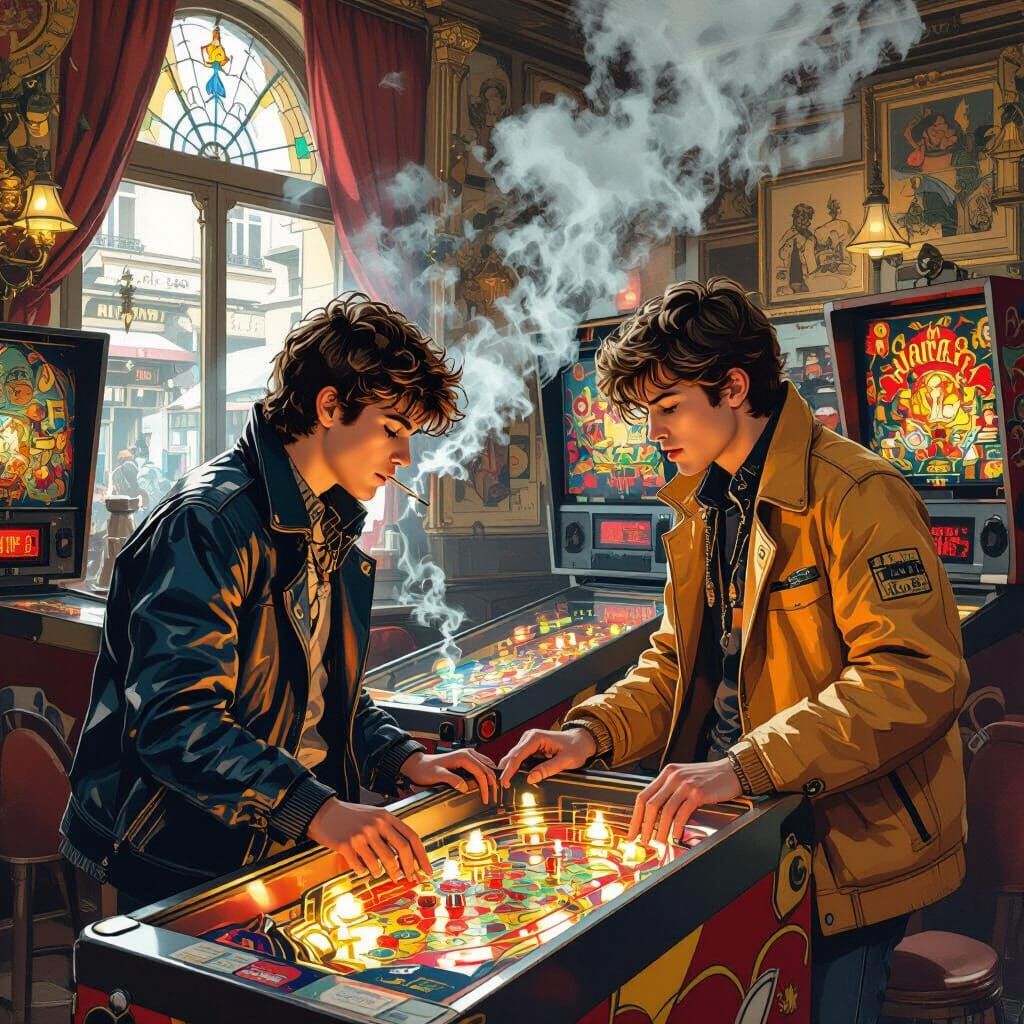 Pinball in Paris: Retro-Futuristic Moebius-Style Cafe Scene