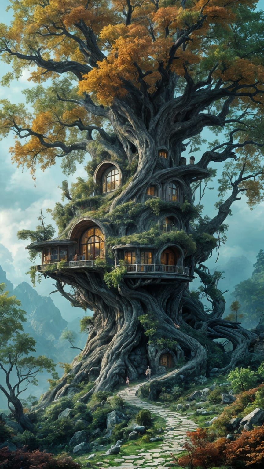 Epic Sci-Fi Treehouse in Surreal Fantasy Style