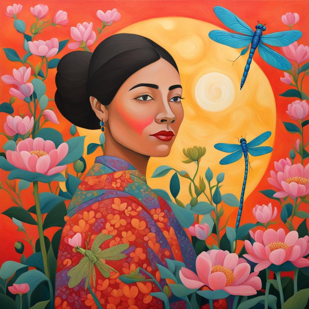 Woman and Dragonfly in Flower Garden Portrait