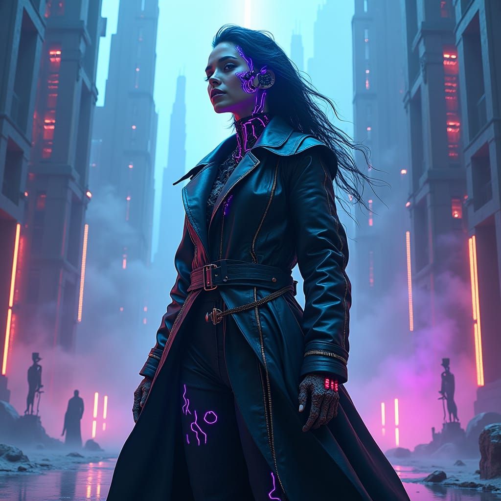 Cyborg Heroine in Neon Fantasy Cityscape