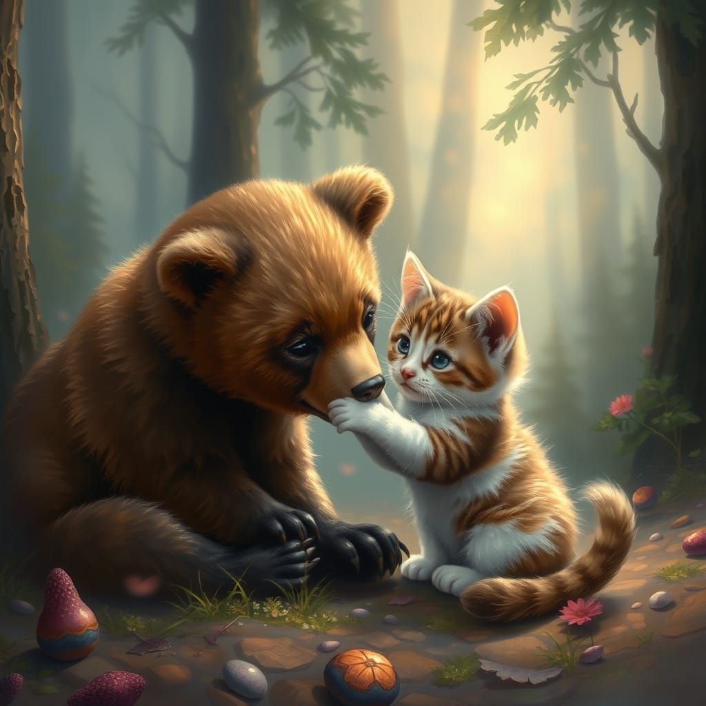 Brown Bear Cub and Kitten Play in Enchanted Forest