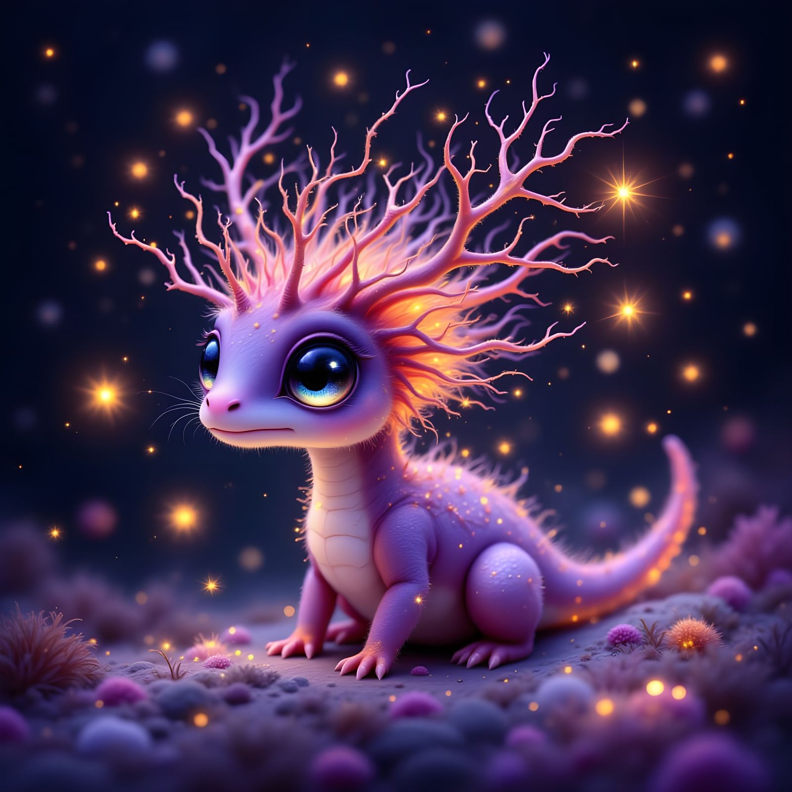 Cute Baby Dinosaur with Glowing Spines and Fireflies