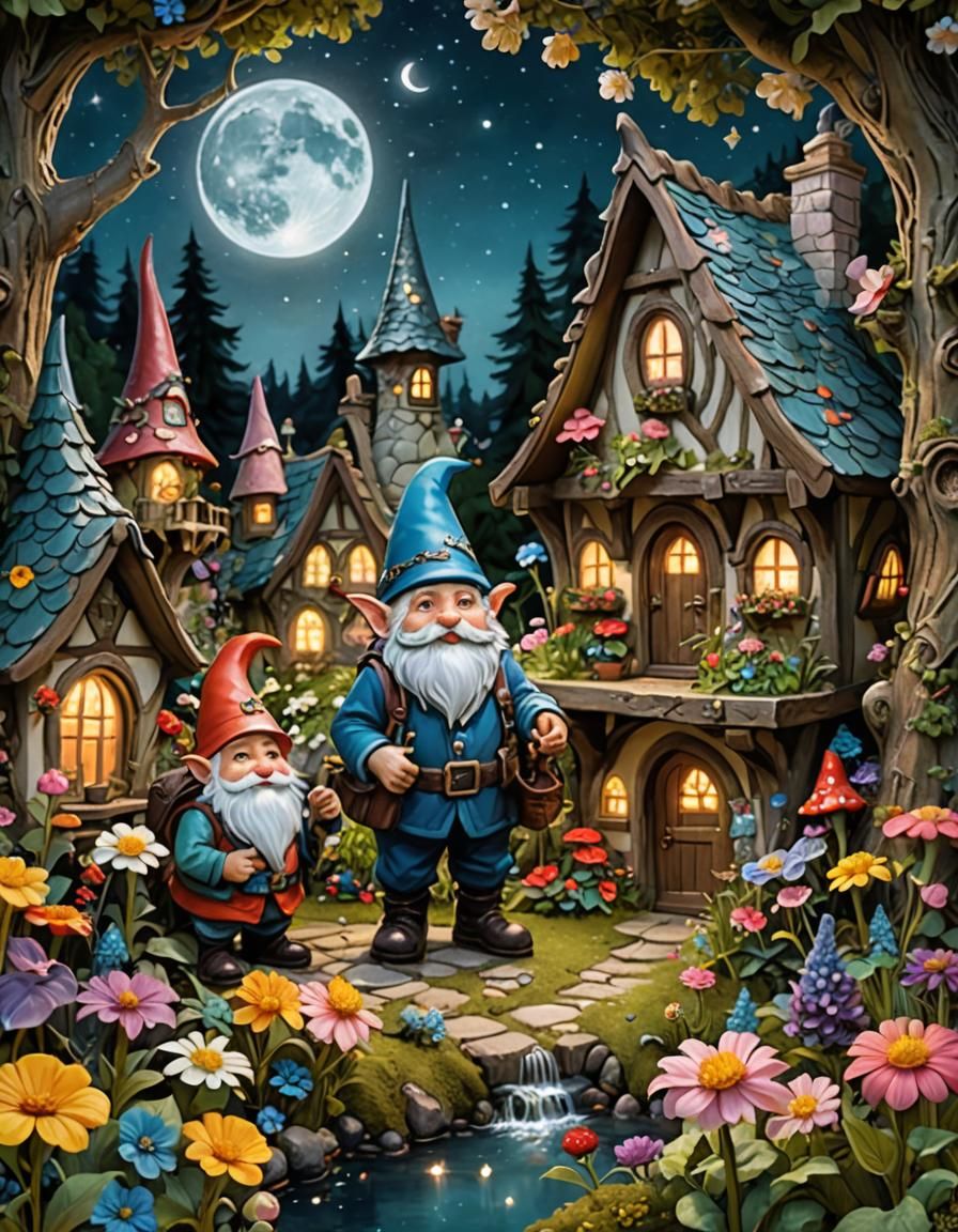 Gnome in Magical Garden with Mystical Creatures