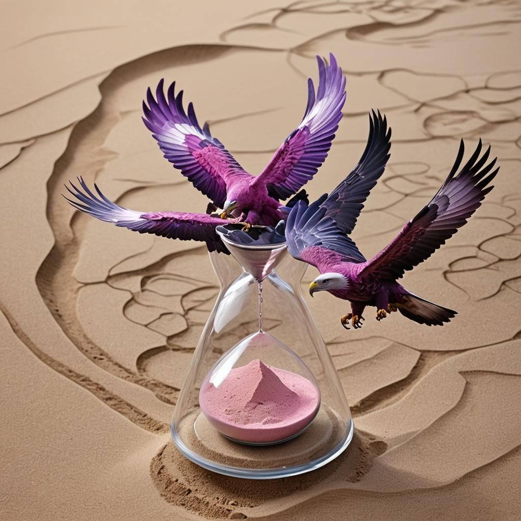(purple eagle 1.3) pink eagle flying over a sandy valley ins...