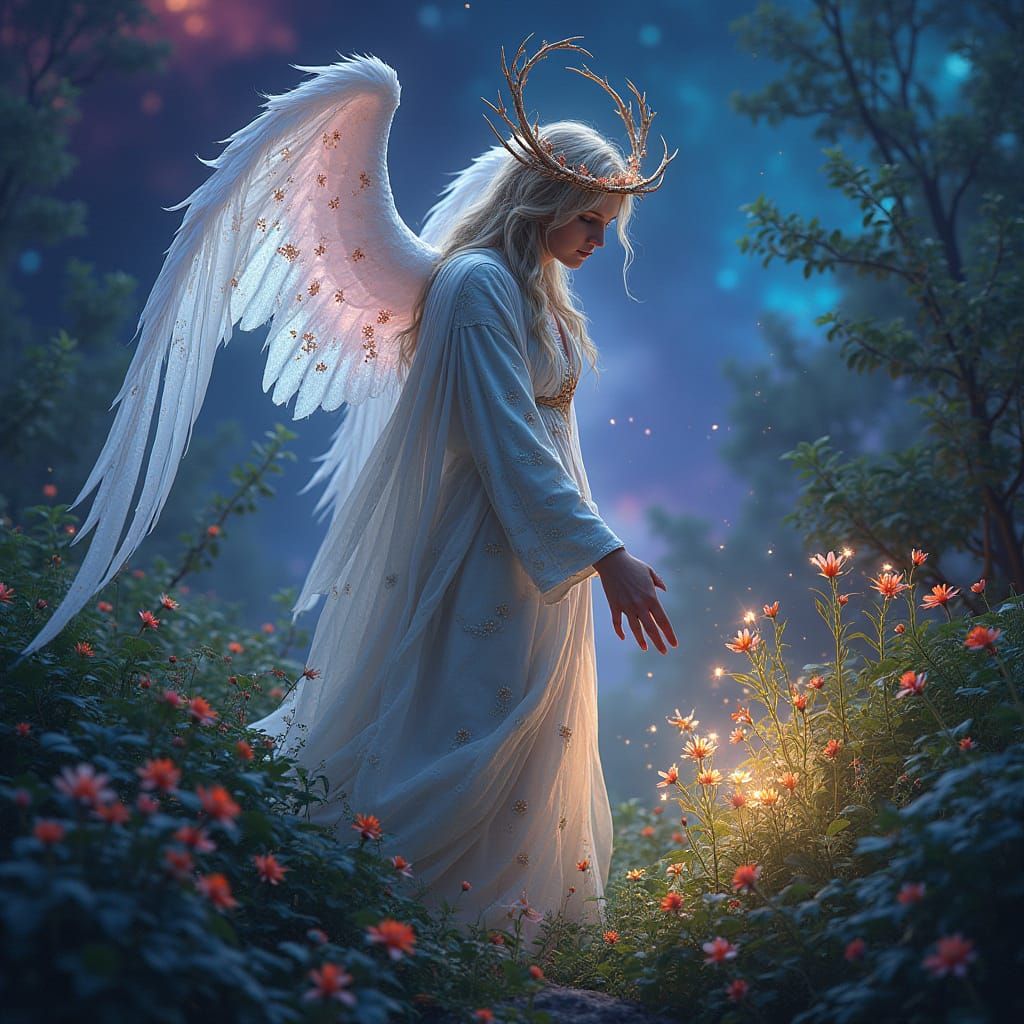 Celestial Being Tending Bioluminescent Garden in Nebula