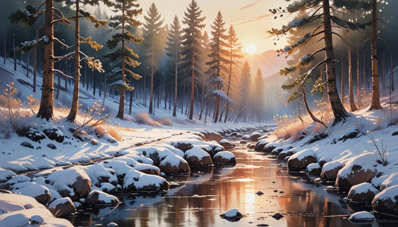 Ethereal Snowy Forest River at Sunset