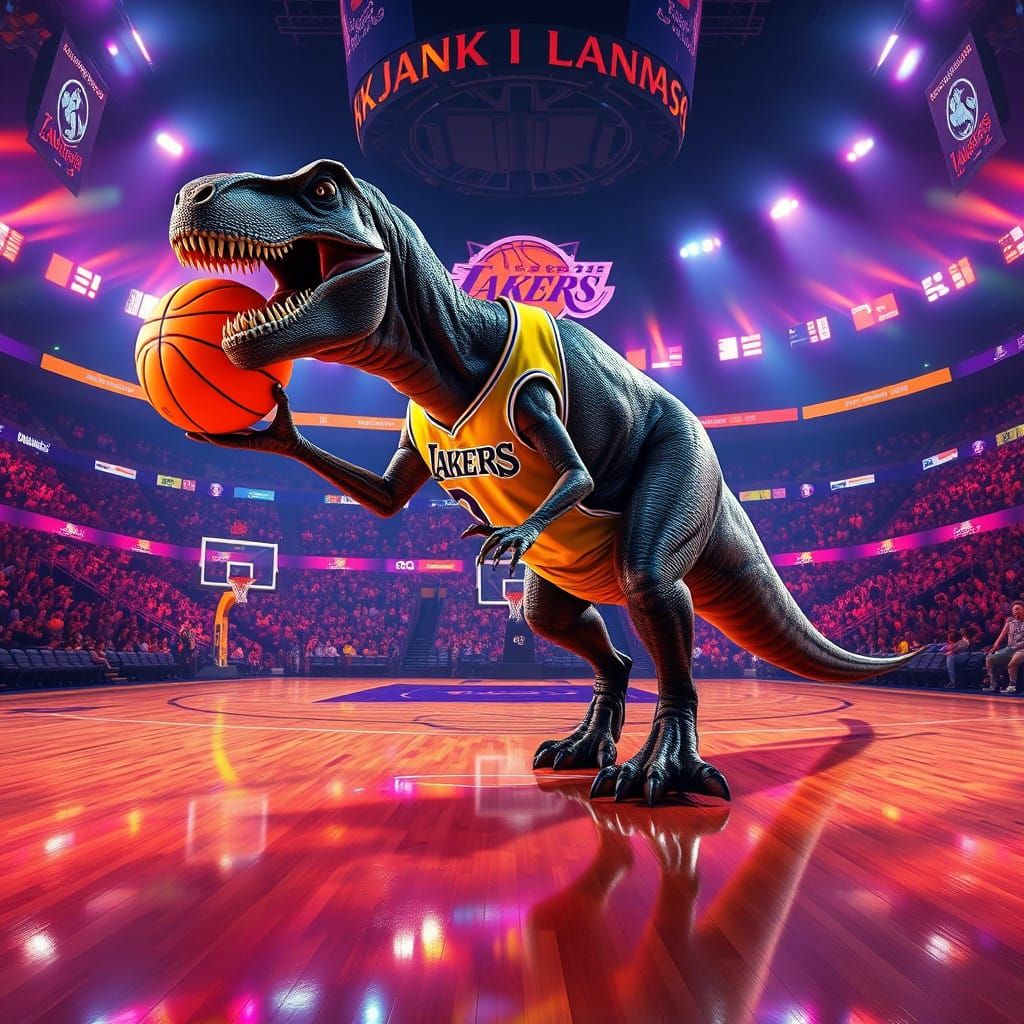 Tyrannosaurus Rex Slams Dunk for Los Angeles Lakers in Neon...