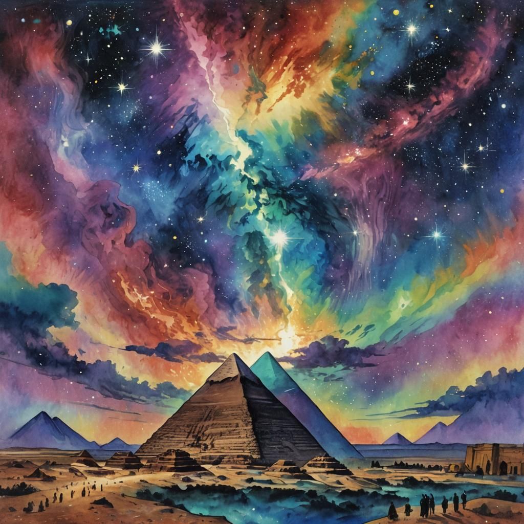 Egypt Under Iridescent Nebula Galaxy: Impressionist Gouache ...