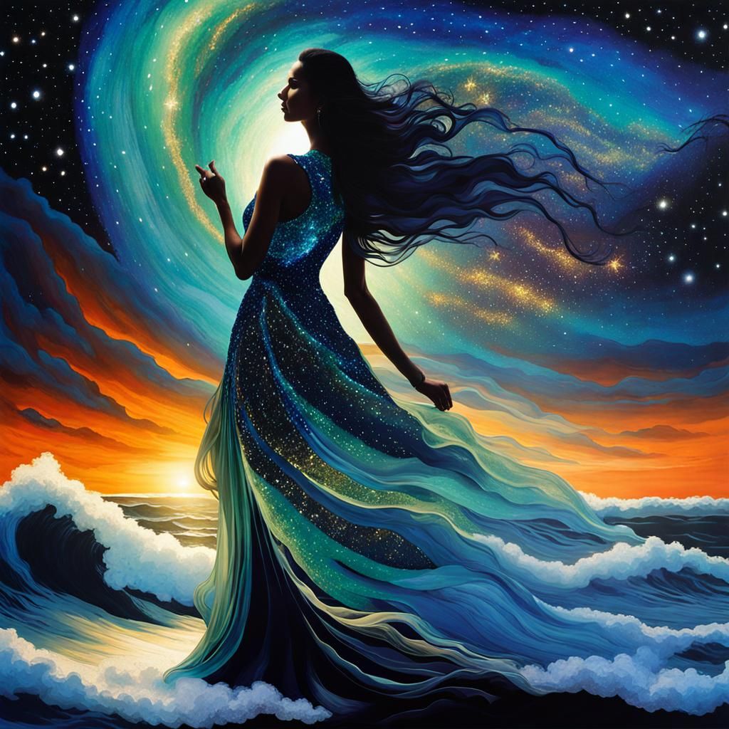 Glittering Ocean Dress of Stars and Waves