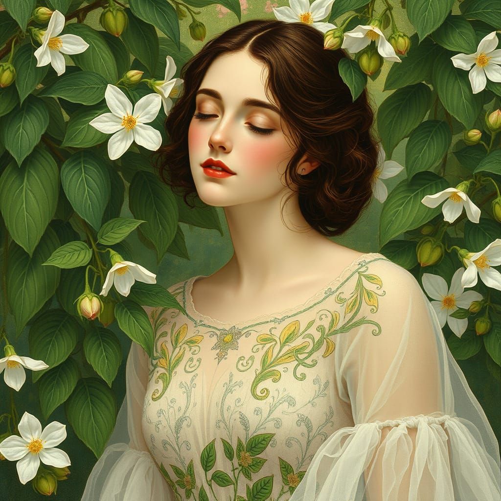 Ethereal Lady in Jasmine-Adorned Gown Among Greenery