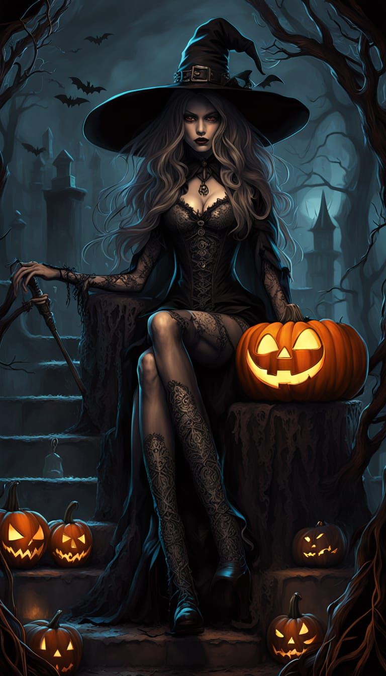 Halloween Witch with Ethereal Glow in Dark Fantasy Style